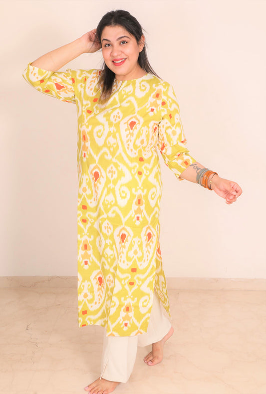 Chartreuse Ikkat Regular Kurta